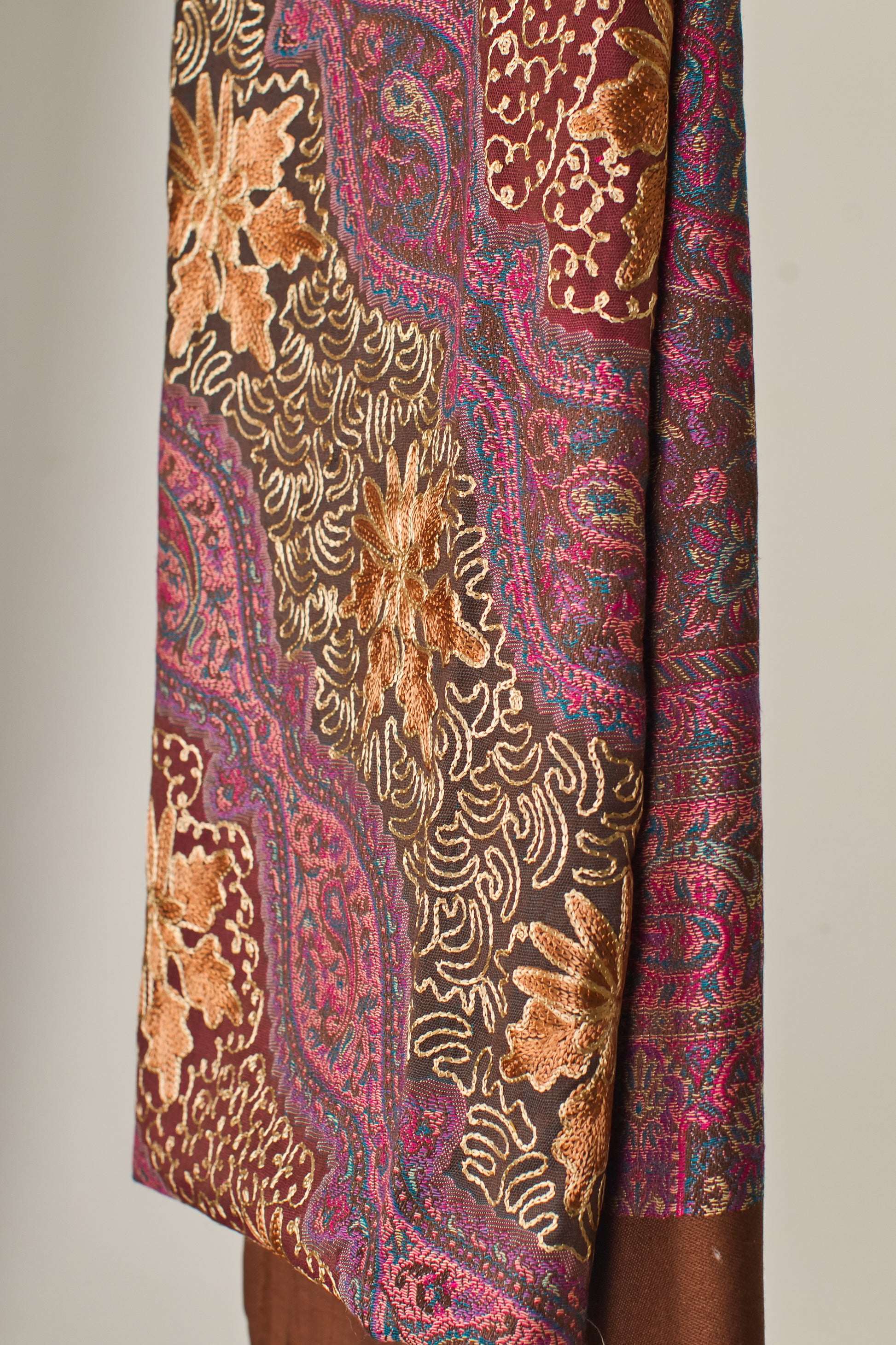 Faux Pashmina Shawl color  Brown with Intricate Aari Embroidery
