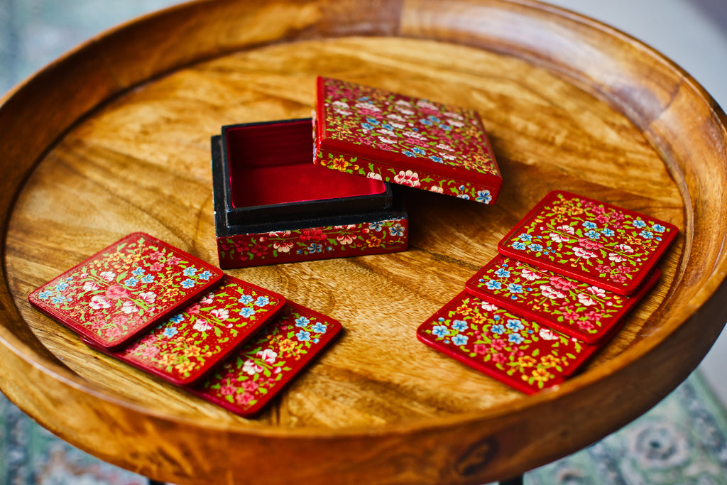 Set of 6 Handcrafted Kashmiri Papier Mâché Coasters: Flower Boho Decor