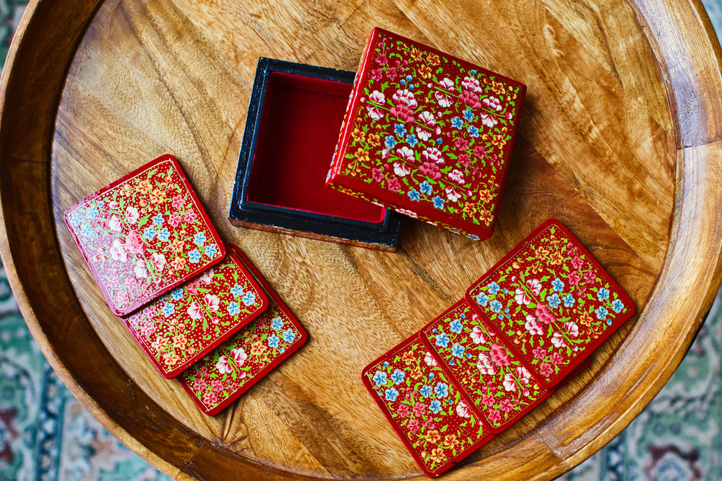 Set of 6 Handcrafted Kashmiri Papier Mâché Coasters: Flower Boho Decor