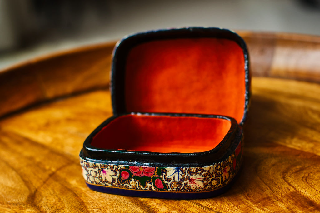 Hand-Painted Kashmiri Papier Mâché Jewelry Storage Box.